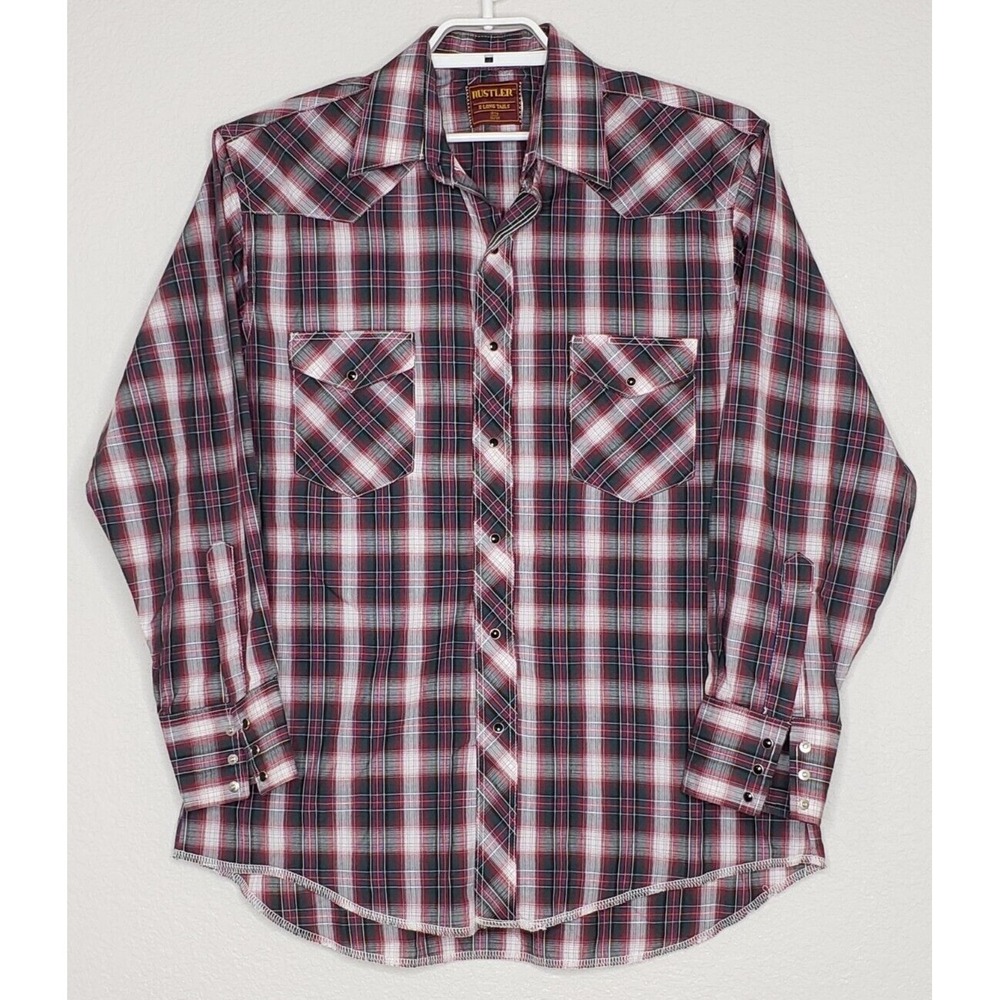Rustler Mens Pearl Snap Shirt 16 1/2 32/33 X-Long‎ Tails Multicolor Plaid Collar